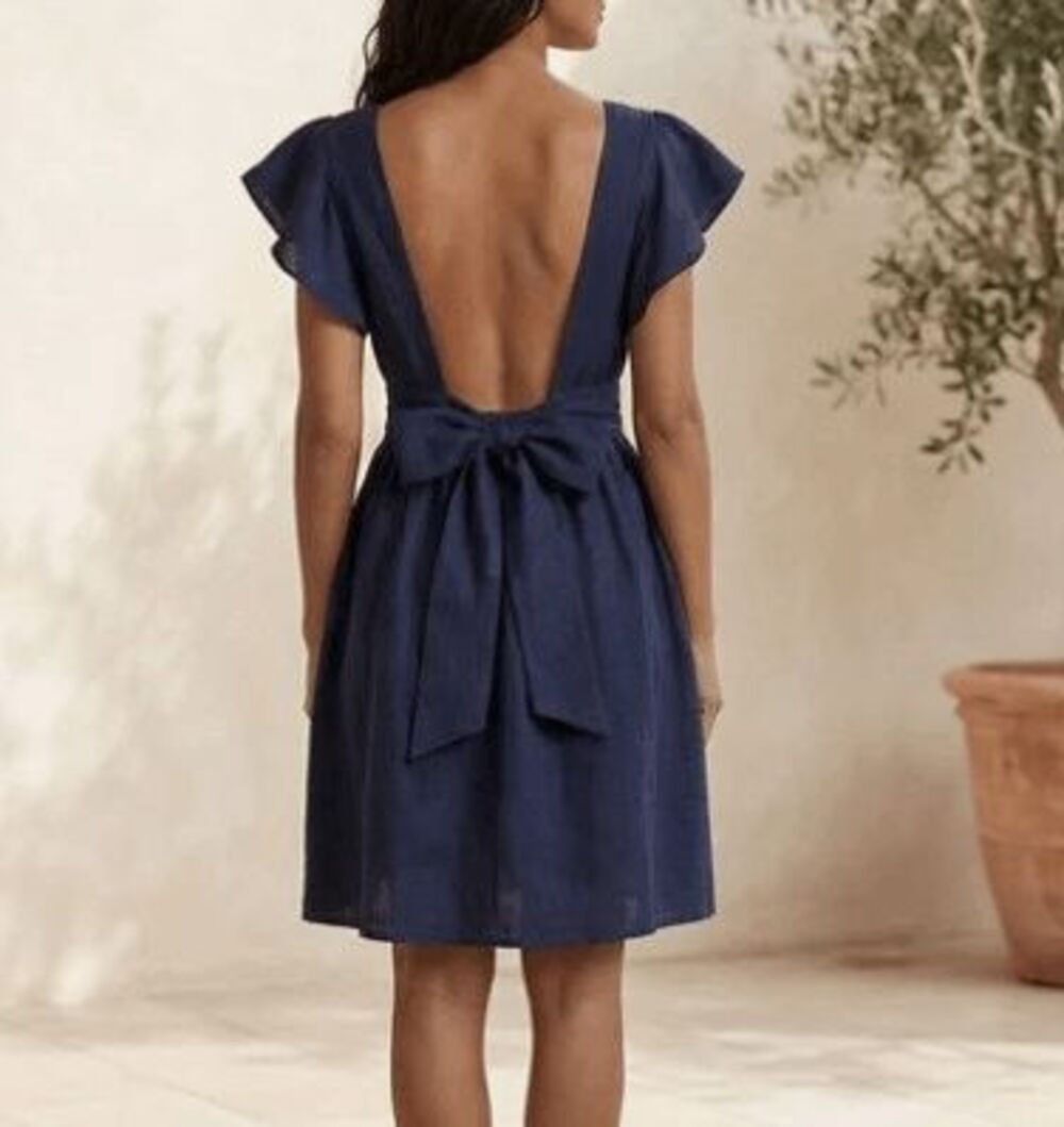 SeamsFriendly Women's Size 42" Navy Blue Square Open Back Tie Back Dress - Picture 2 of 7